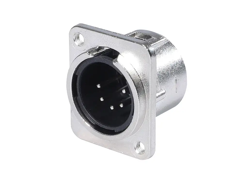 Newtide XR0281-5P 5-pole XLR male chassis connector with nickel-plated D-shape metal housing, M3 screw hole.