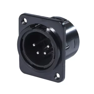 Newtide XR0281B-4P 4-pole XLR male chassis connector with black-plated D-shape metal housing, M3 screw hole.