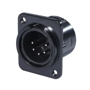 Newtide XR0281B-5P 5-pole XLR male chassis connector with black-plated D-shape metal housing, M3 screw hole.