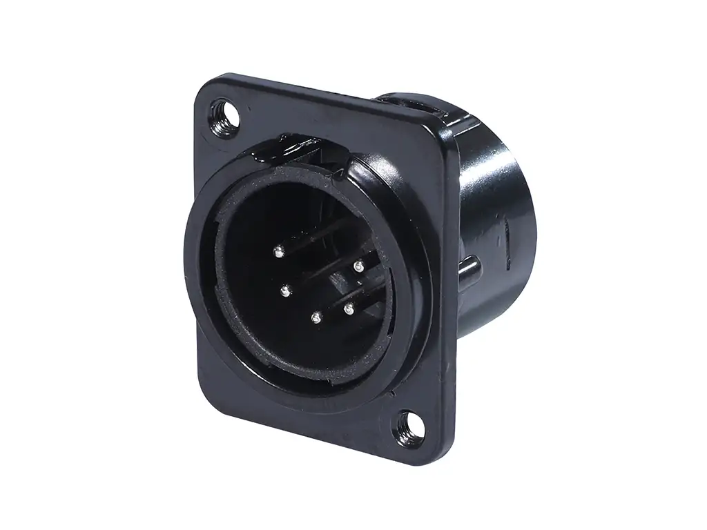 Newtide XR0281B-5P 5-pole XLR male chassis connector with black-plated D-shape metal housing, M3 screw hole.