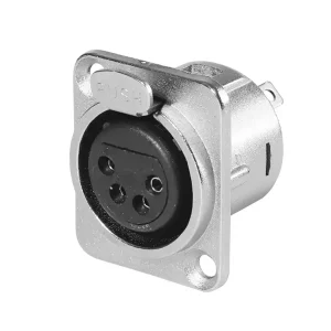 Newtide XR0290-4P 4-pole XLR female chassis connector with solder cups, push locking latch, nickel-plated D-shape metal housing.