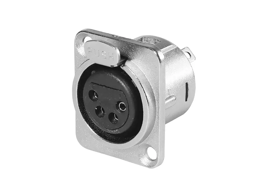 Newtide XR0290-4P 4-pole XLR female chassis connector with solder cups, push locking latch, nickel-plated D-shape metal housing.