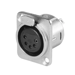 Newtide XR0290-5P 5-pole XLR female chassis connector with solder cups, push locking latch, nickel-plated D-shape metal housing.