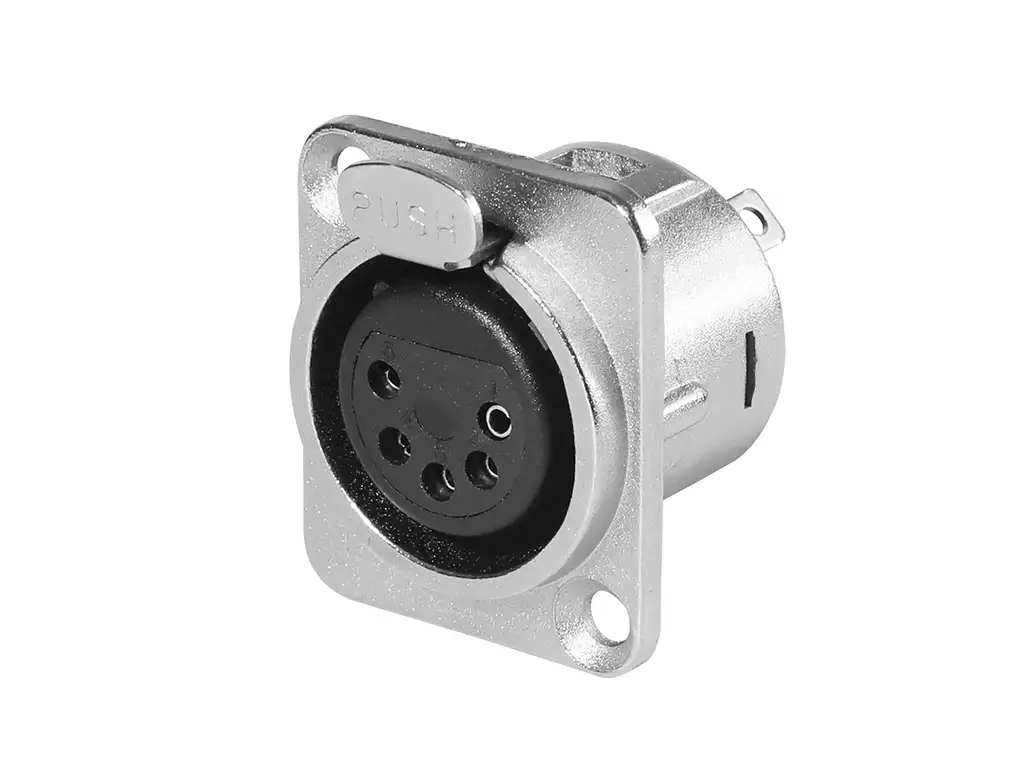 Newtide XR0290-5P 5-pole XLR female chassis connector with solder cups, push locking latch, nickel-plated D-shape metal housing.