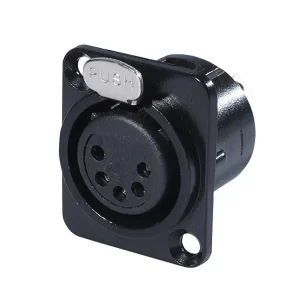 Newtide XR0290B-5P 5-pole XLR female chassis connector with solder cups, push locking latch, black-plated D-shape metal housing.