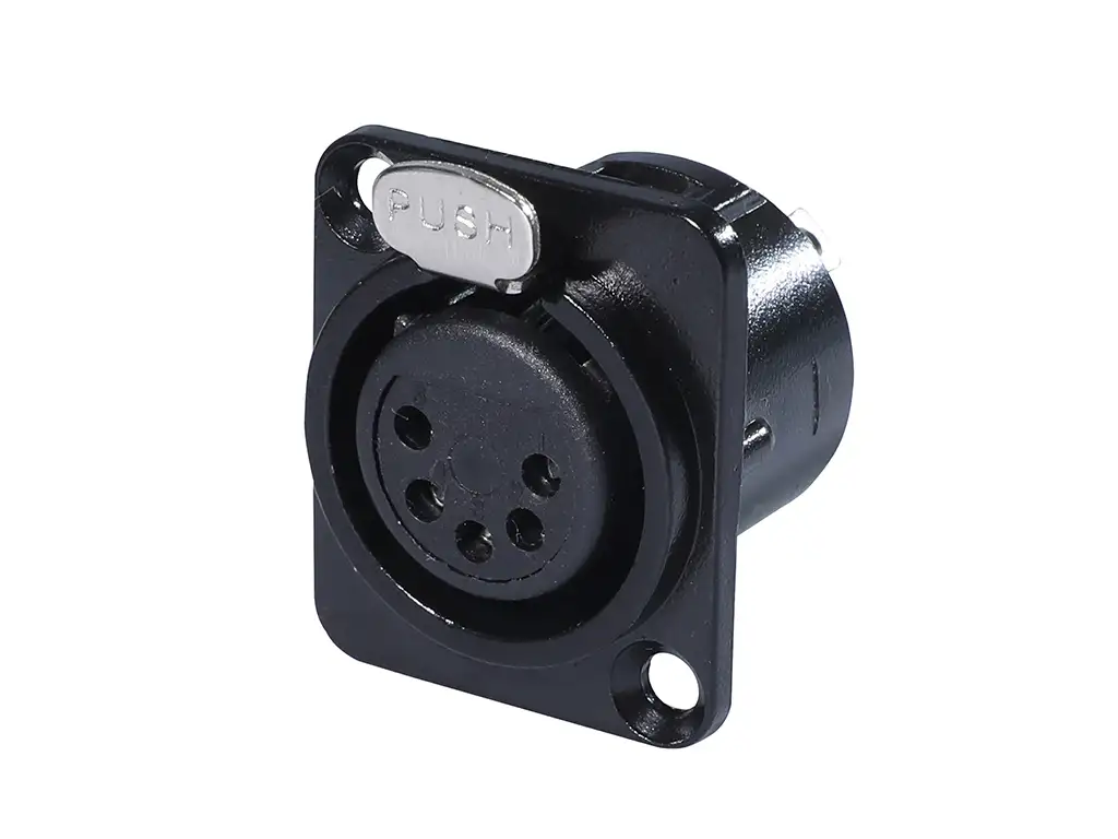 Newtide XR0290B-5P 5-pole XLR female chassis connector with solder cups, push locking latch, black-plated D-shape metal housing.
