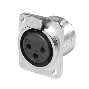 Newtide XR0291-3P 3-pole XLR female chassis connector with solder cups, push locking latch, nickel-plated D-shape metal housing, M3 screw hole.