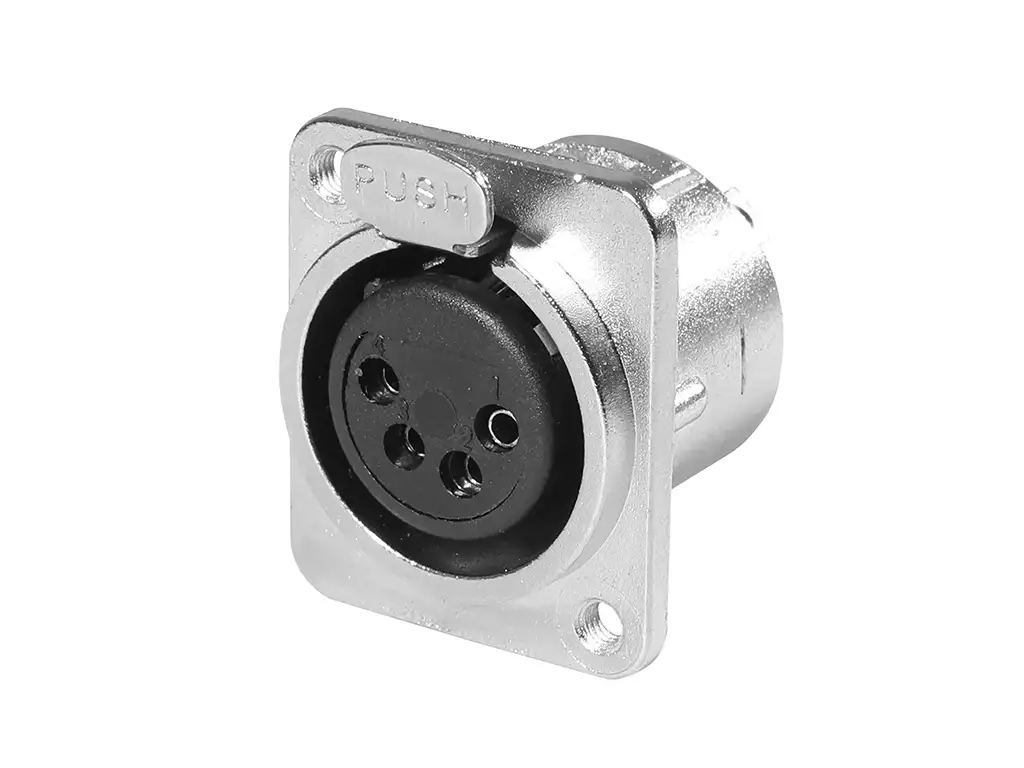 Newtide XR0291-4P 4-pole XLR female chassis connector with solder cups, push locking latch, nickel-plated D-shape metal housing, M3 screw hole.