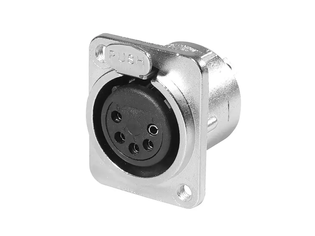 Newtide XR0291-5P 5-pole XLR female chassis connector with solder cups, push locking latch, nickel-plated D-shape metal housing, M3 screw hole.