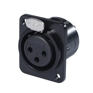 Newtide XR0291B-3P 3-pole XLR female chassis connector with solder cups, push locking latch, nickel-plated D-shape metal housing, M3 screw hole.