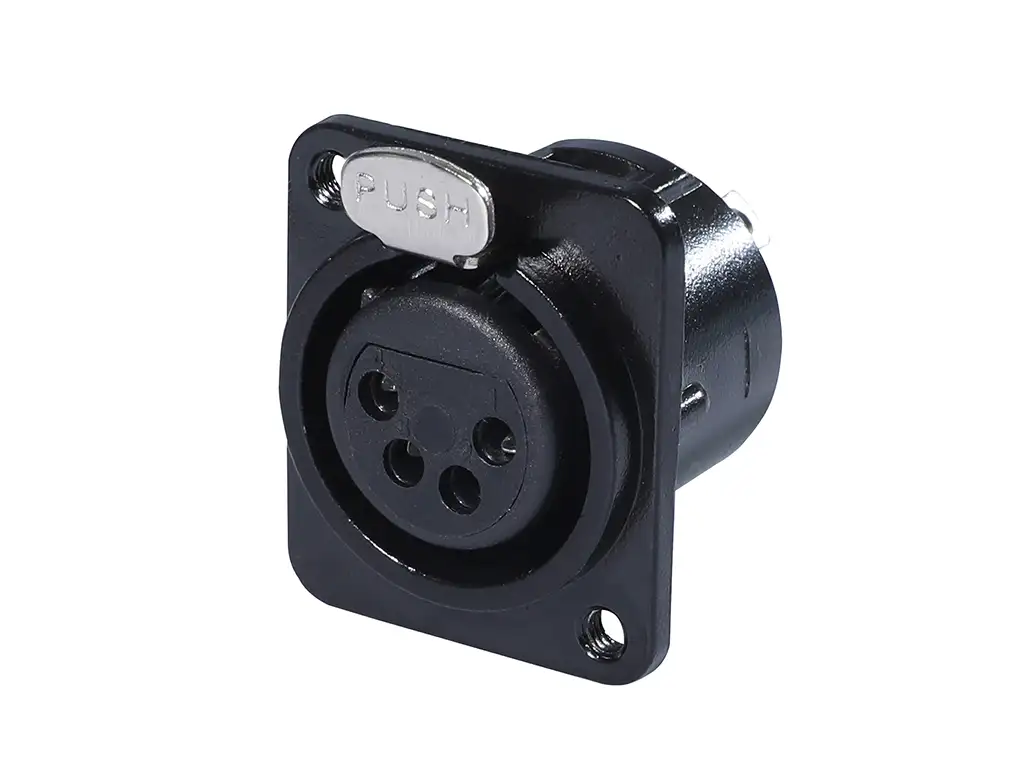 Newtide XR0291B-4P 4-pole XLR female chassis connector with solder cups, push locking latch, nickel-plated D-shape metal housing, M3 screw hole.