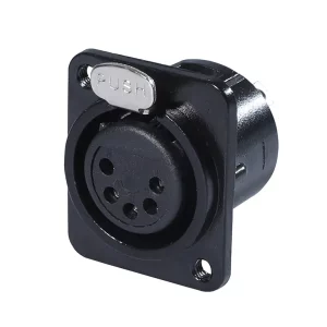 Newtide XR0291B-5P 5-pole XLR female chassis connector with solder cups, push locking latch, nickel-plated D-shape metal housing, M3 screw hole.