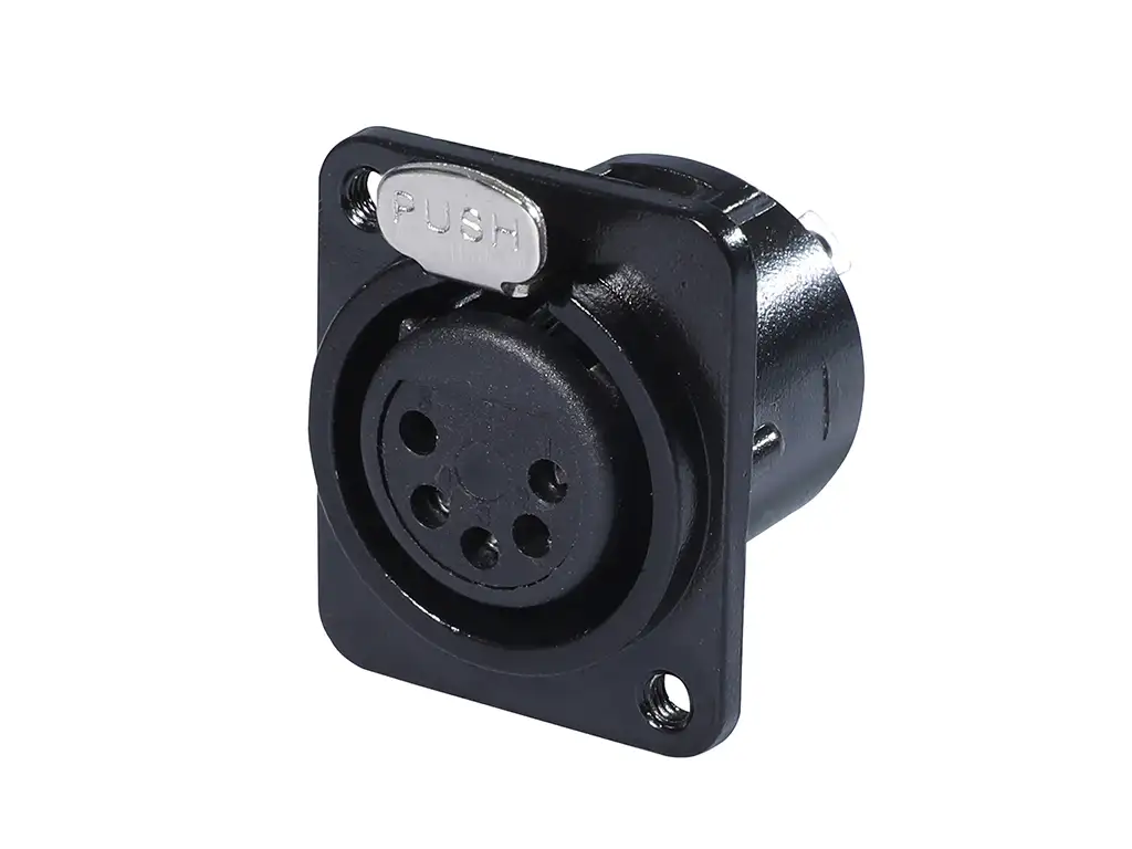 Newtide XR0291B-5P 5-pole XLR female chassis connector with solder cups, push locking latch, nickel-plated D-shape metal housing, M3 screw hole.