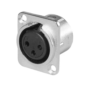 Newtide XR0292-3P 3-pole XLR female chassis connector with solder cups, push locking latch, nickel-plated D-shape metal housing.