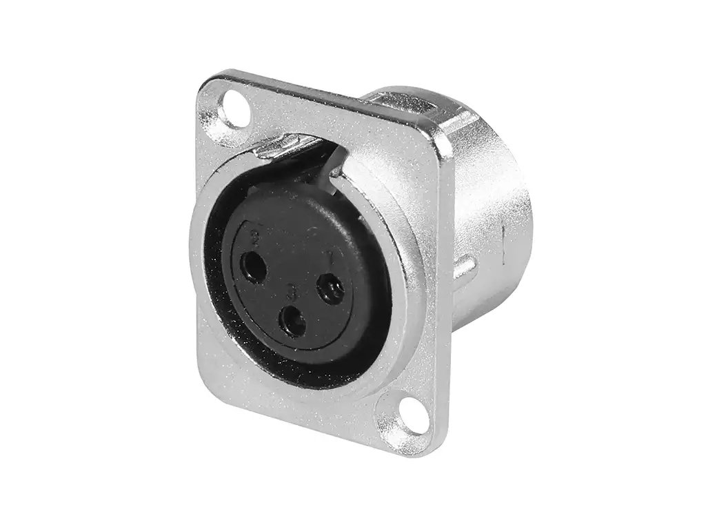 Newtide XR0292-3P 3-pole XLR female chassis connector with solder cups, push locking latch, nickel-plated D-shape metal housing.