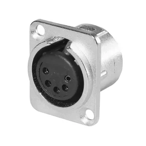 Newtide XR0292-5P 5-pole XLR female chassis connector with solder cups, push locking latch, nickel-plated D-shape metal housing.