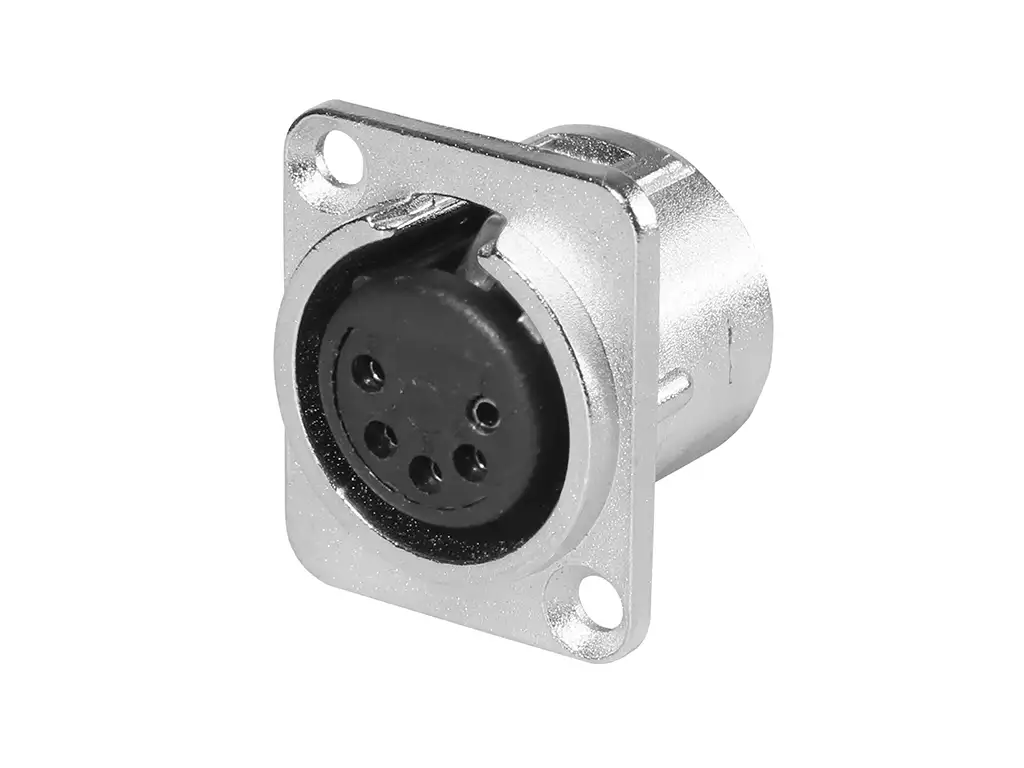 Newtide XR0292-5P 5-pole XLR female chassis connector with solder cups, push locking latch, nickel-plated D-shape metal housing.