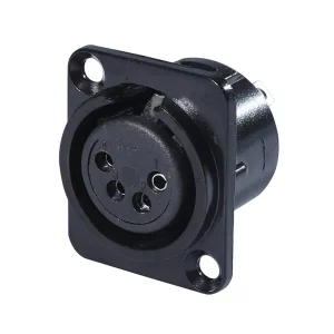 Newtide XR0292B-4P 4-pole XLR female chassis connector with solder cups, push locking latch, black-plated D-shape metal housing.