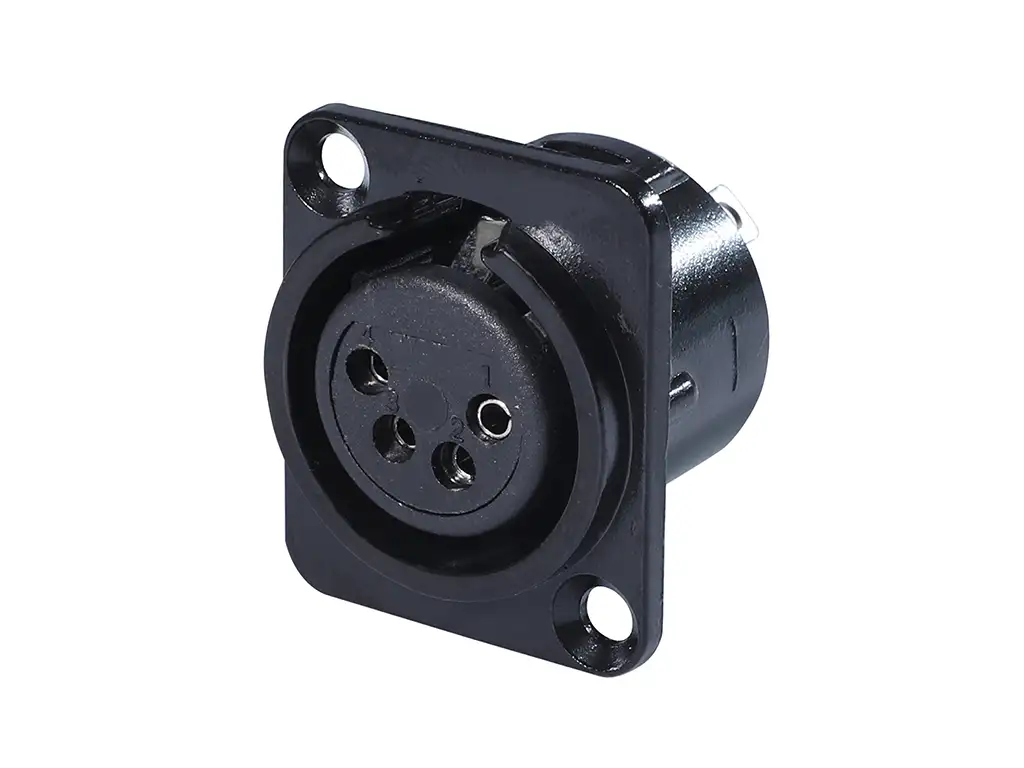 Newtide XR0292B-4P 4-pole XLR female chassis connector with solder cups, push locking latch, black-plated D-shape metal housing.