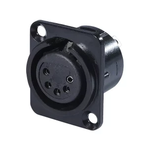 Newtide XR0292B-5P 5-pole XLR female chassis connector with solder cups, push locking latch, black-plated D-shape metal housing.