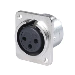 Newtide XR0293-3P 3-pole XLR female chassis connector with solder cups, push locking latch, nickel-plated D-shape metal housing, M3 screw hole.