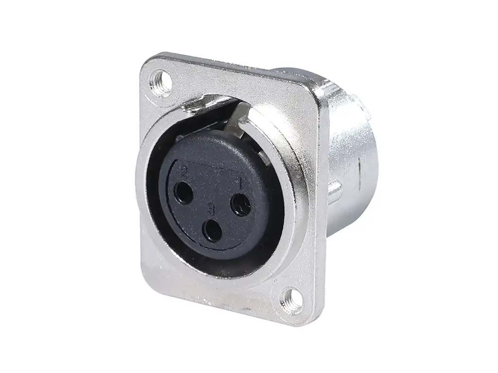 Newtide XR0293-3P 3-pole XLR female chassis connector with solder cups, push locking latch, nickel-plated D-shape metal housing, M3 screw hole.