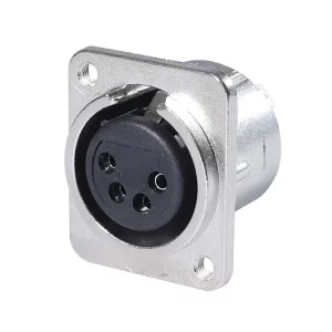 Newtide XR0293-4P 4-pole XLR female chassis connector with solder cups, push locking latch, nickel-plated D-shape metal housing, M3 screw hole.
