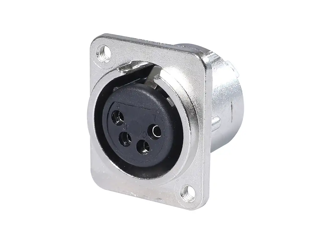 Newtide XR0293-4P 4-pole XLR female chassis connector with solder cups, push locking latch, nickel-plated D-shape metal housing, M3 screw hole.