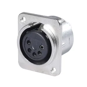 Newtide XR0293-5P 5-pole XLR female chassis connector with solder cups, push locking latch, nickel-plated D-shape metal housing, M3 screw hole.