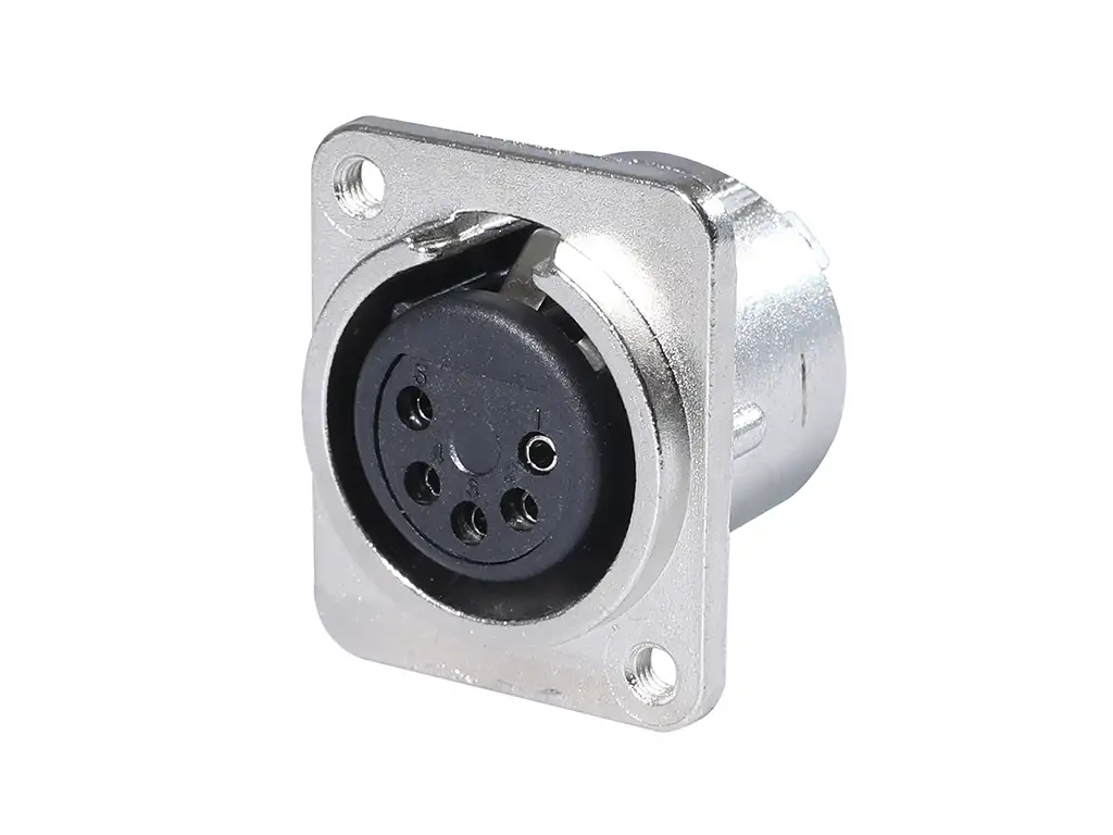Newtide XR0293-5P 5-pole XLR female chassis connector with solder cups, push locking latch, nickel-plated D-shape metal housing, M3 screw hole.