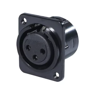 Newtide XR0293B-3P 3-pole XLR female chassis connector with solder cups, push locking latch, black-plated D-shape metal housing, M3 screw hole.