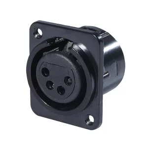 Newtide XR0293B-4P 4-pole XLR female chassis connector with solder cups, push locking latch, black-plated D-shape metal housing, M3 screw hole.