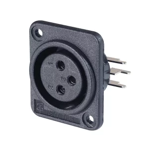 Newtide XR0371-3P 3-pole XLR female chassis connector with 2.5mm mounting holes , lateral right PCB mount, thermoplastic housing.