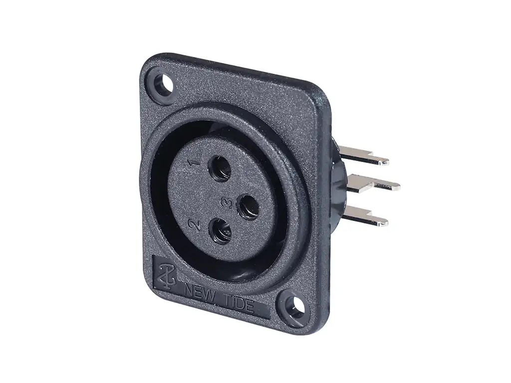 Newtide XR0371-3P 3-pole XLR female chassis connector with 2.5mm mounting holes , lateral right PCB mount, thermoplastic housing.