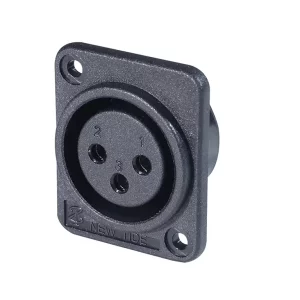 Newtide XR0372-3P 3-pole XLR female chassis connector with 2.5mm mounting holes , horizontal PCB mount, thermoplastic housing.
