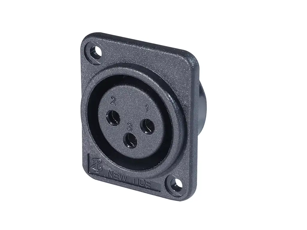 Newtide XR0372-3P 3-pole XLR female chassis connector with 2.5mm mounting holes , horizontal PCB mount, thermoplastic housing.