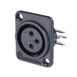 Newtide XR0373-3P 3-pole XLR female chassis connector with 3.5mm mounting holes , lateral right PCB mount, thermoplastic housing.