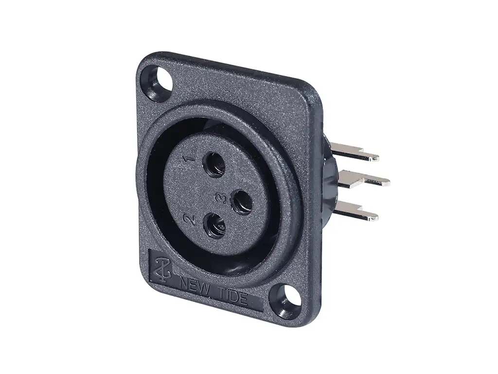 Newtide XR0373-3P 3-pole XLR female chassis connector with 3.5mm mounting holes , lateral right PCB mount, thermoplastic housing.