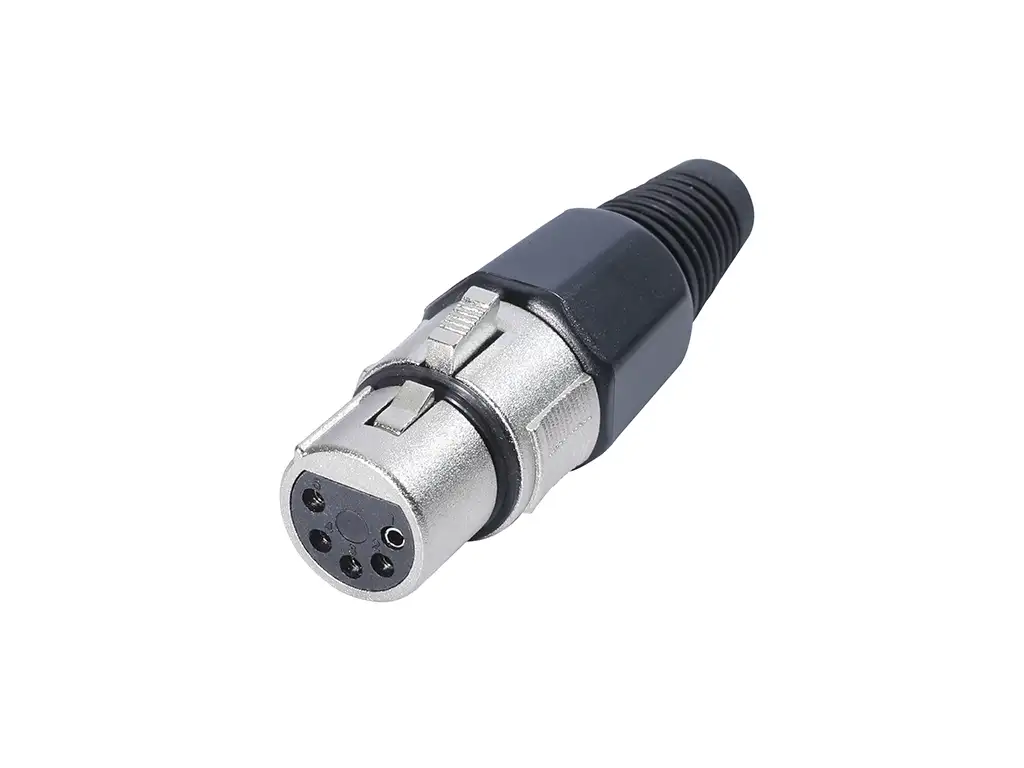Newtide XR1001-5P 5-pole XLR female cable connector with nickel-plated housing, locking latch, and black strain relief boot.