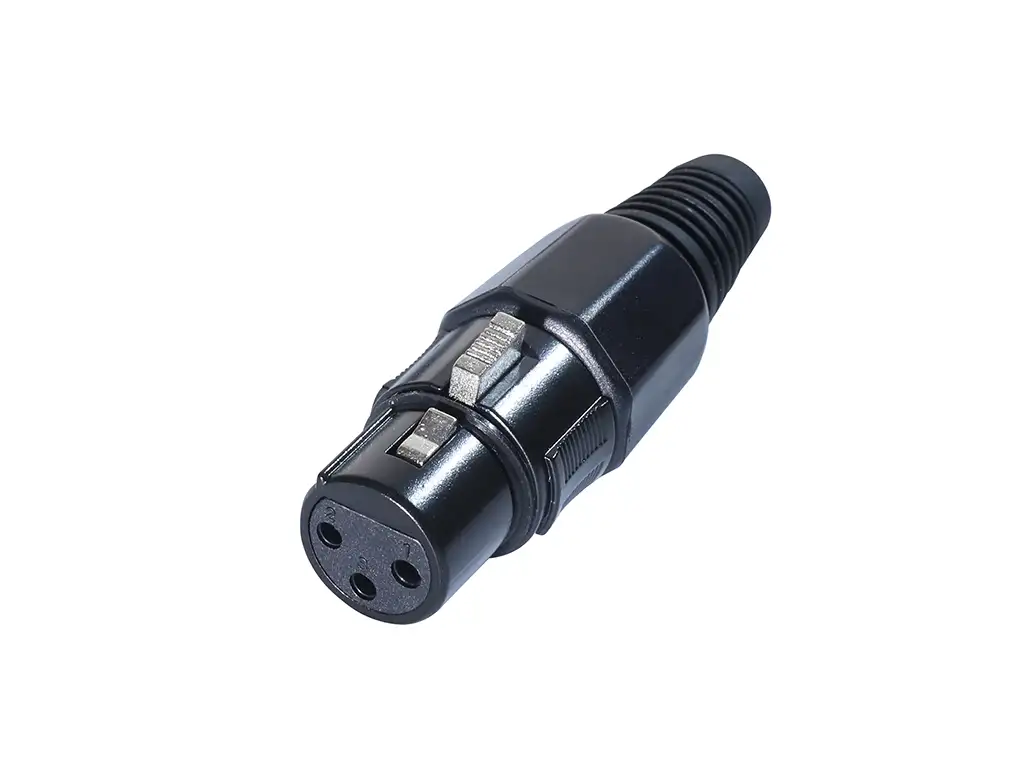 Newtide XR1001-3P 3-pole XLR female cable connector with black-plated housing, locking latch, and black strain relief boot.