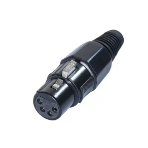 Newtide XR1001-4P 4-pole XLR female cable connector with black-plated housing, locking latch, and black strain relief boot.