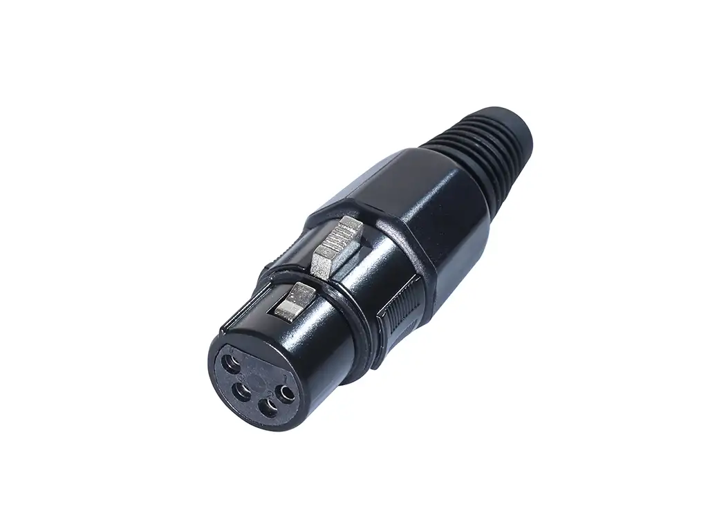 Newtide XR1001-4P 4-pole XLR female cable connector with black-plated housing, locking latch, and black strain relief boot.
