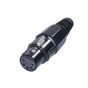 Newtide XR1001-5P 5-pole XLR female cable connector with black-plated housing, locking latch, and black strain relief boot.