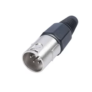 Newtide XR1002-4P 4-pole XLR male cable connector with nickel-plated housing and black strain relief boot.