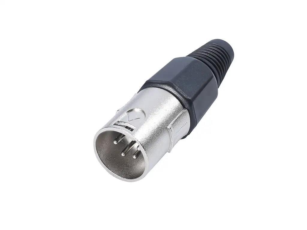 Newtide XR1002-4P 4-pole XLR male cable connector with nickel-plated housing and black strain relief boot.