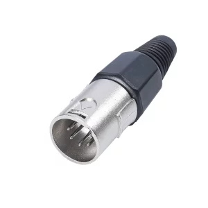 Newtide XR1002-5P 5-pole XLR male cable connector with nickel-plated housing and black strain relief boot.
