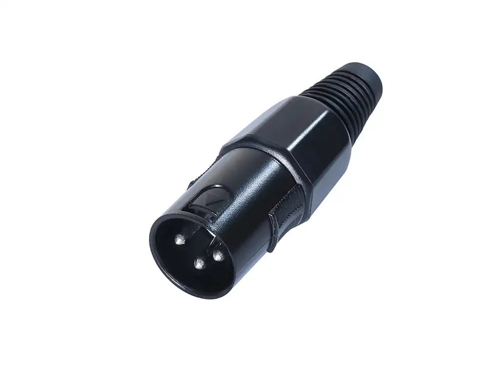Newtide XR1002-3P 3-pole XLR male cable connector with black-plated housing and black strain relief boot.