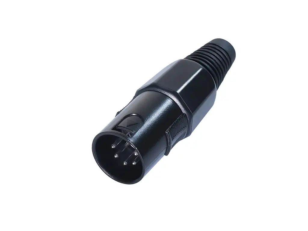 Newtide XR1002-5P 5-pole XLR male cable connector with black-plated housing and black strain relief boot.