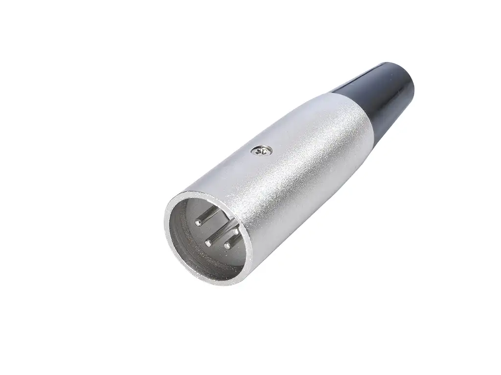 Newtide XR1010-4P 4-pole XLR male cable connector with nickel-plated housing and black strain relief boot.