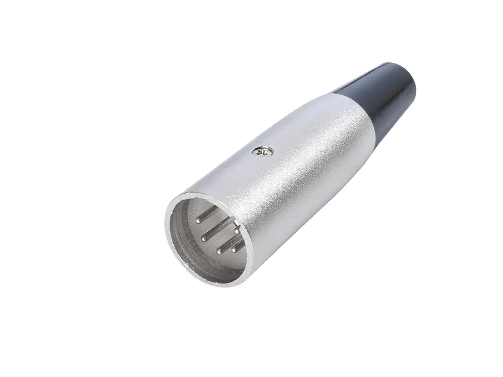Newtide XR1010-5P 5-pole XLR male cable connector with nickel-plated housing and black strain relief boot.